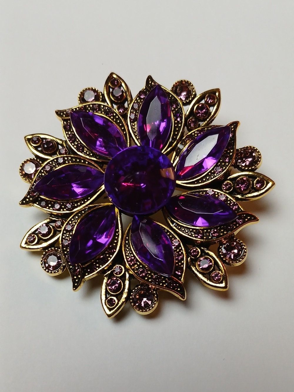 Hand- Crafted Gold-Tone Purple Crystal Floral Brooch